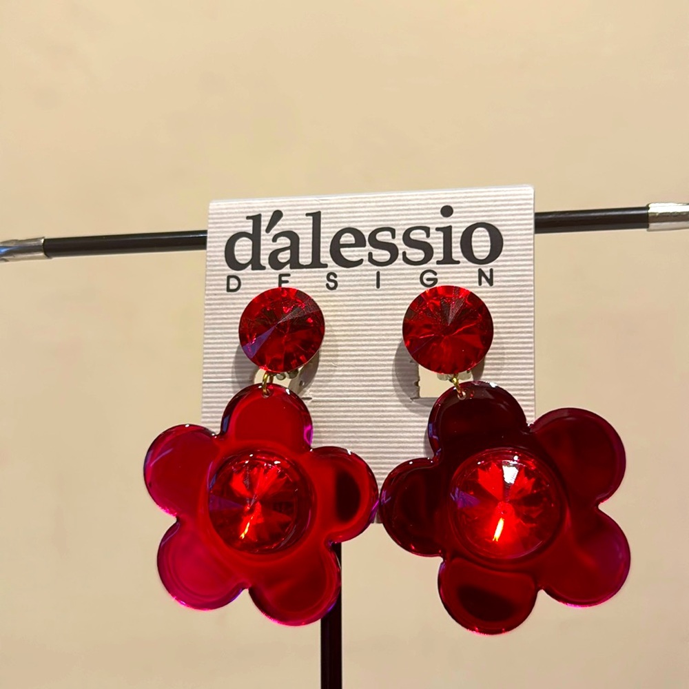 Vintage Style Dalessio Design Red Flower Dangle Clip On Earrings